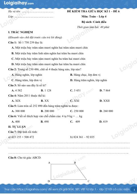 Đề kiểm tra giữa học kì 1 Toán 4 Cánh diều - Đề số 6